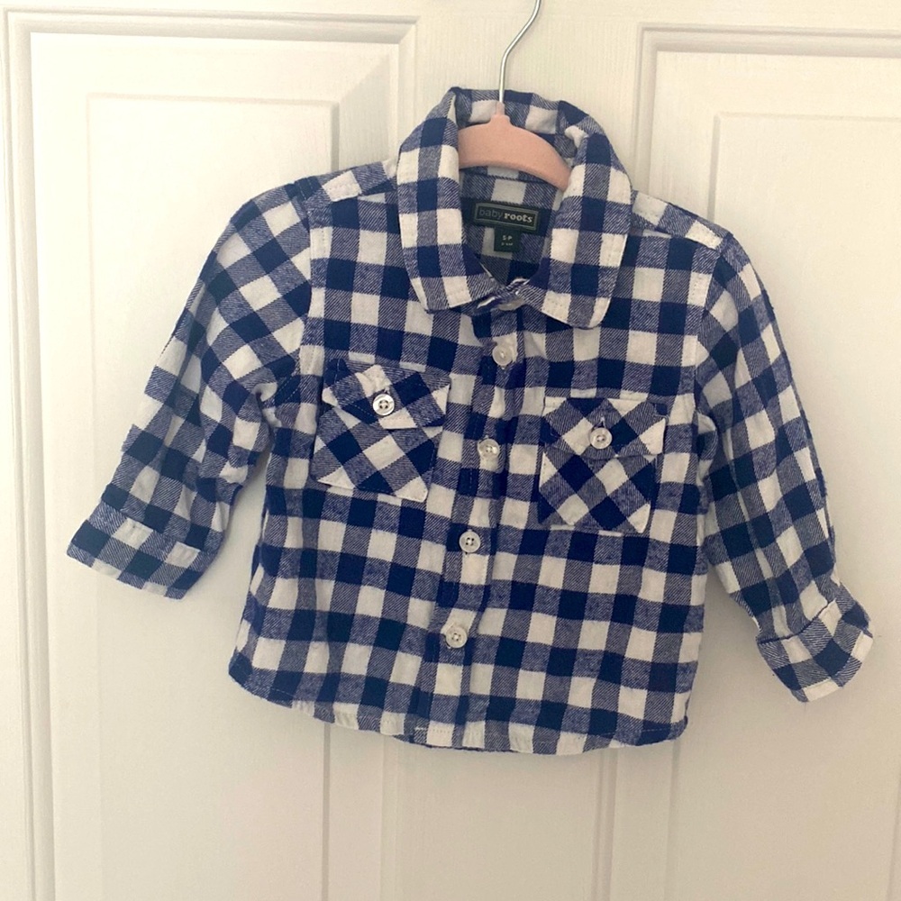 Baby Roots Blue and White Plaid Flannel Shirt size 3-6 Months